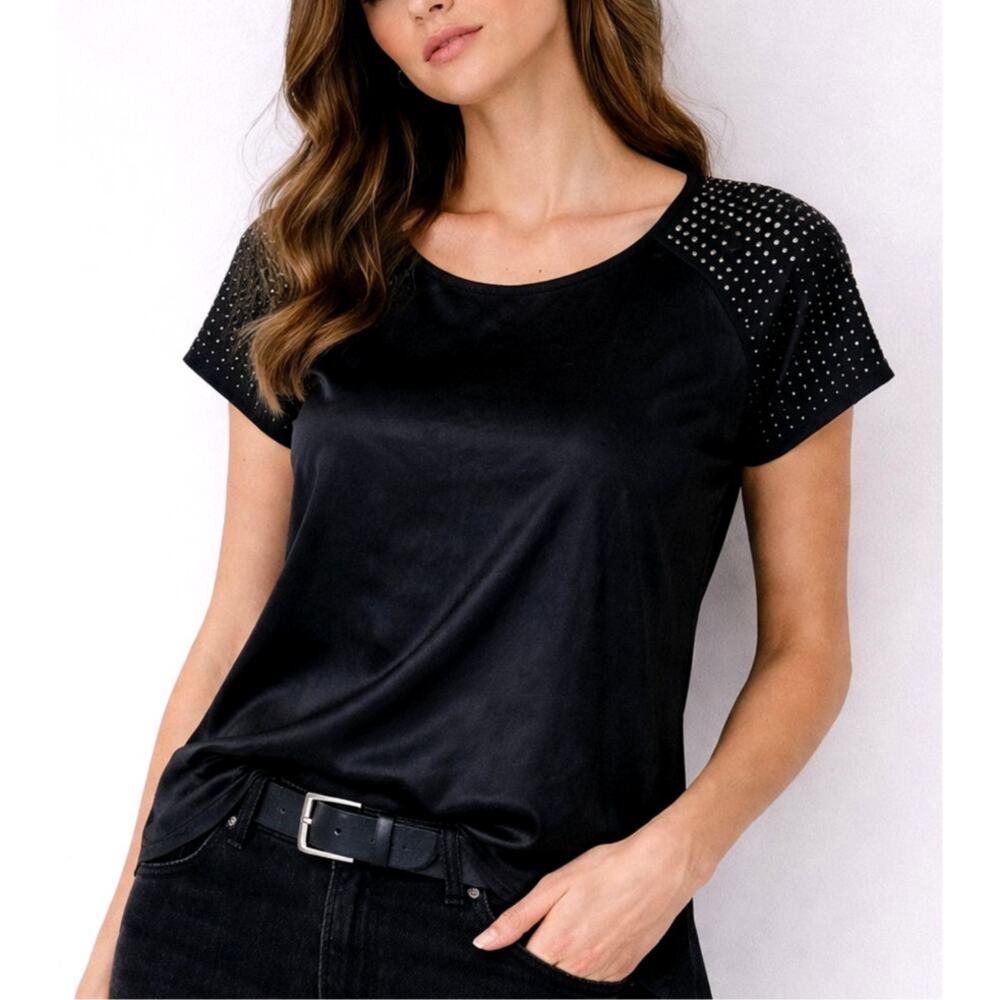 Rebecca Taylor Womens Silk Studded Blouse Size 10 Black Edgy Minimalist Sleek